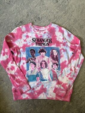 Stranger Things Tie-Dye Crewneck Sweatshirt - Pink & White
